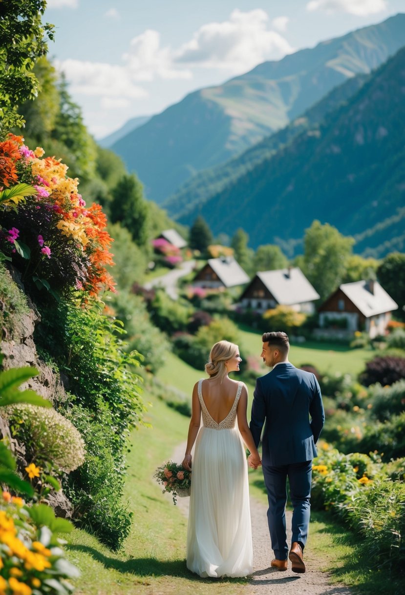 A couple strolling through lush, mountainous landscapes with colorful flora and quaint cottages in the distance