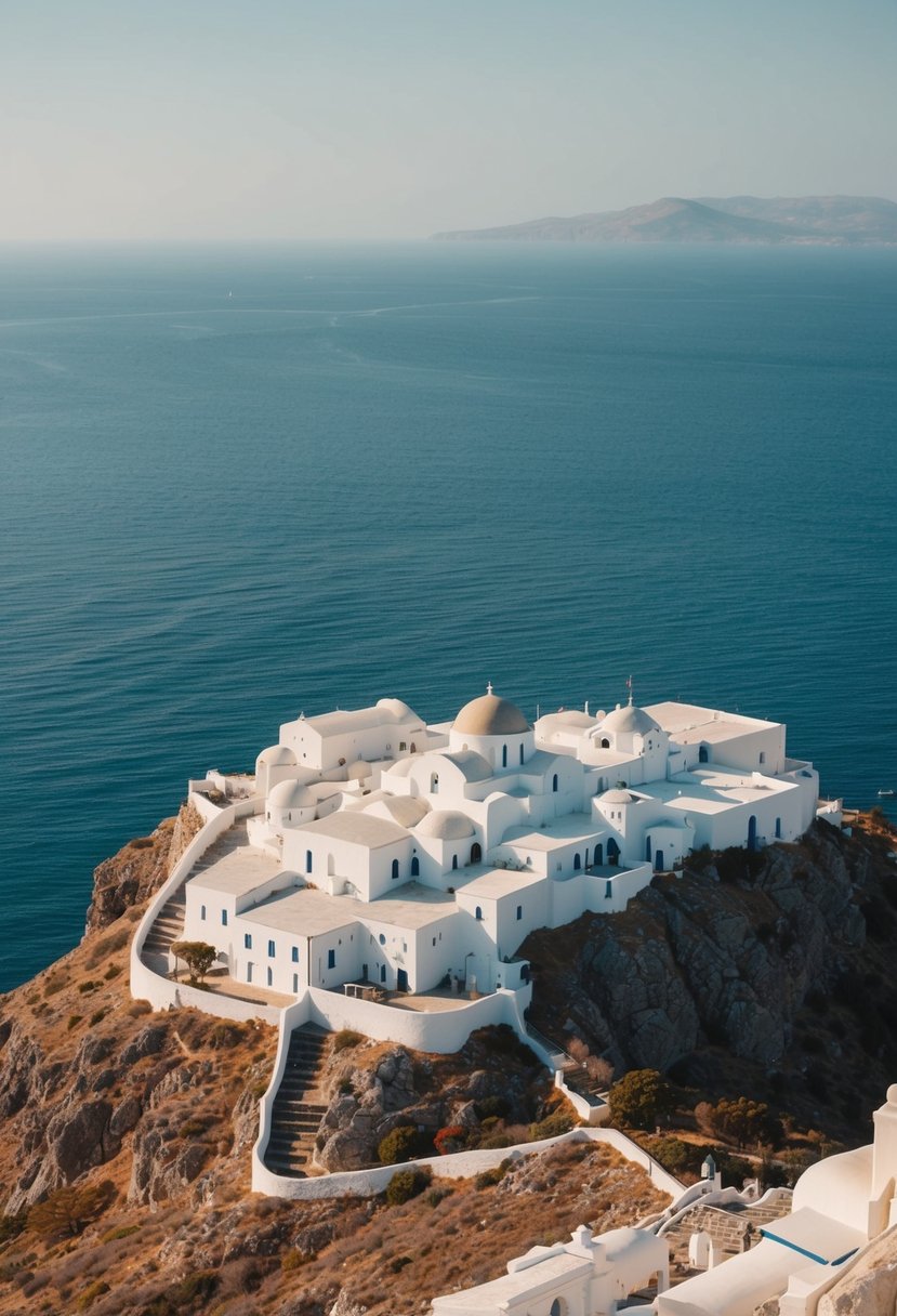 Atop a rocky hill, the Monastery of St. John on Patmos overlooks the sparkling Aegean Sea, a serene and romantic honeymoon destination in Greece