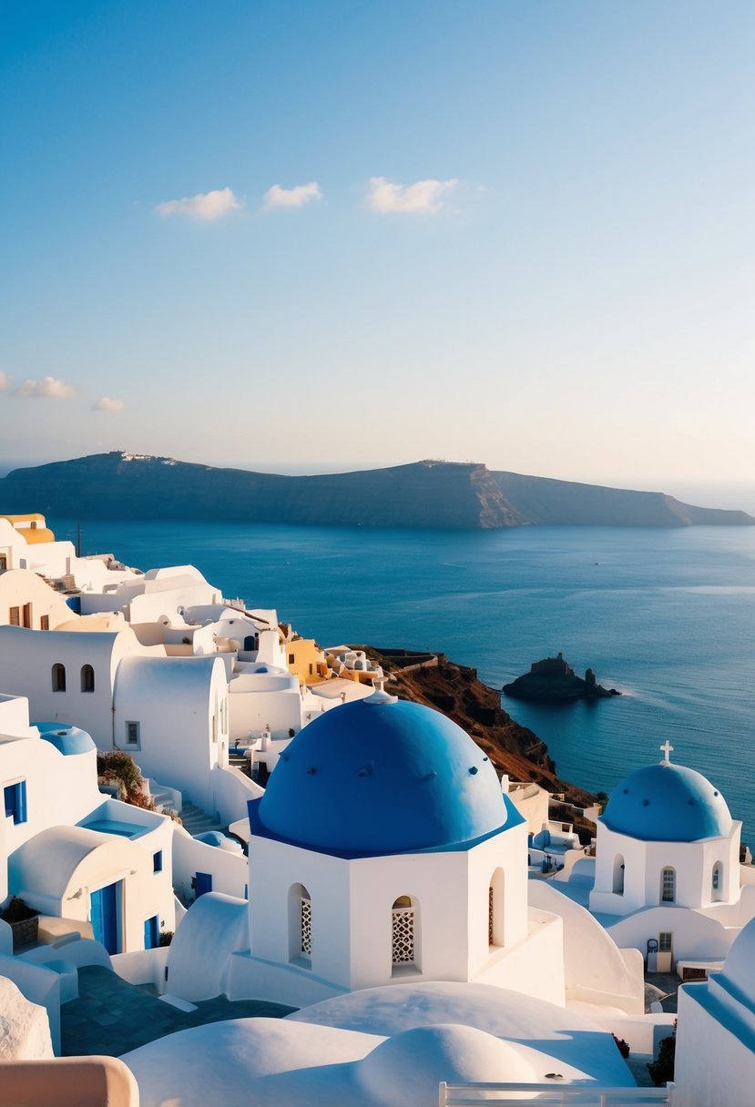 A picturesque Santorini landscape with white buildings and blue domes overlooking the sparkling Aegean Sea
