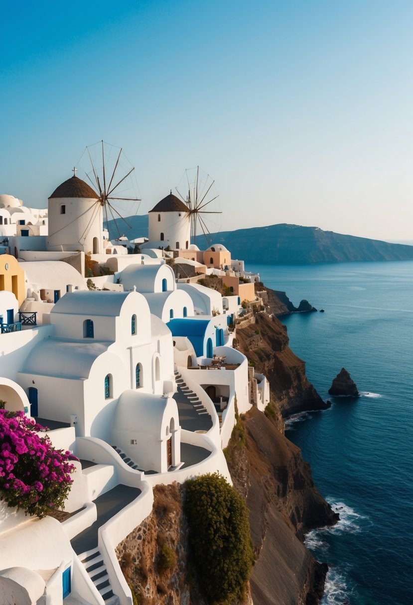 A serene white-washed village nestled on the cliffs of Santorini, overlooking the sparkling blue Aegean Sea. Windmills, domed churches, and vibrant bougainvillea add to the picturesque scene