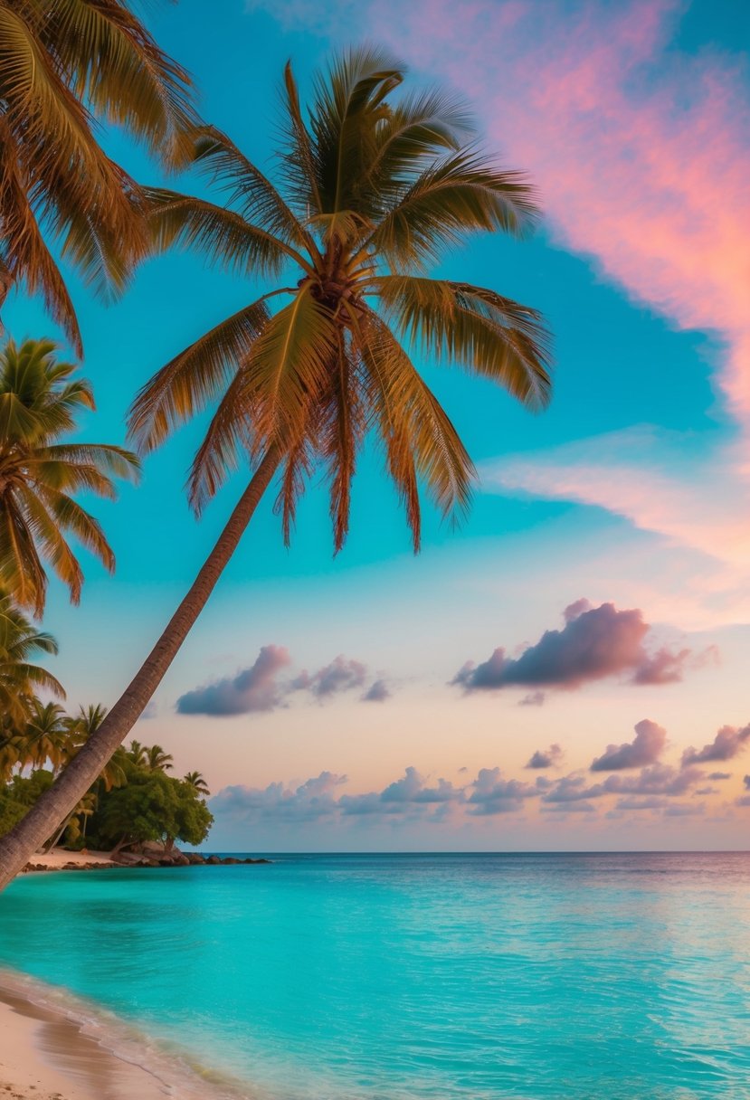 A serene beach with crystal-clear turquoise water, palm trees swaying in the gentle breeze, and a colorful sunset painting the sky