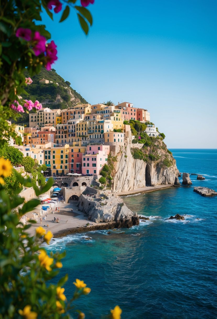 A seaside cliff with colorful buildings cascading down to the sparkling blue Mediterranean sea, framed by lush greenery and blooming flowers