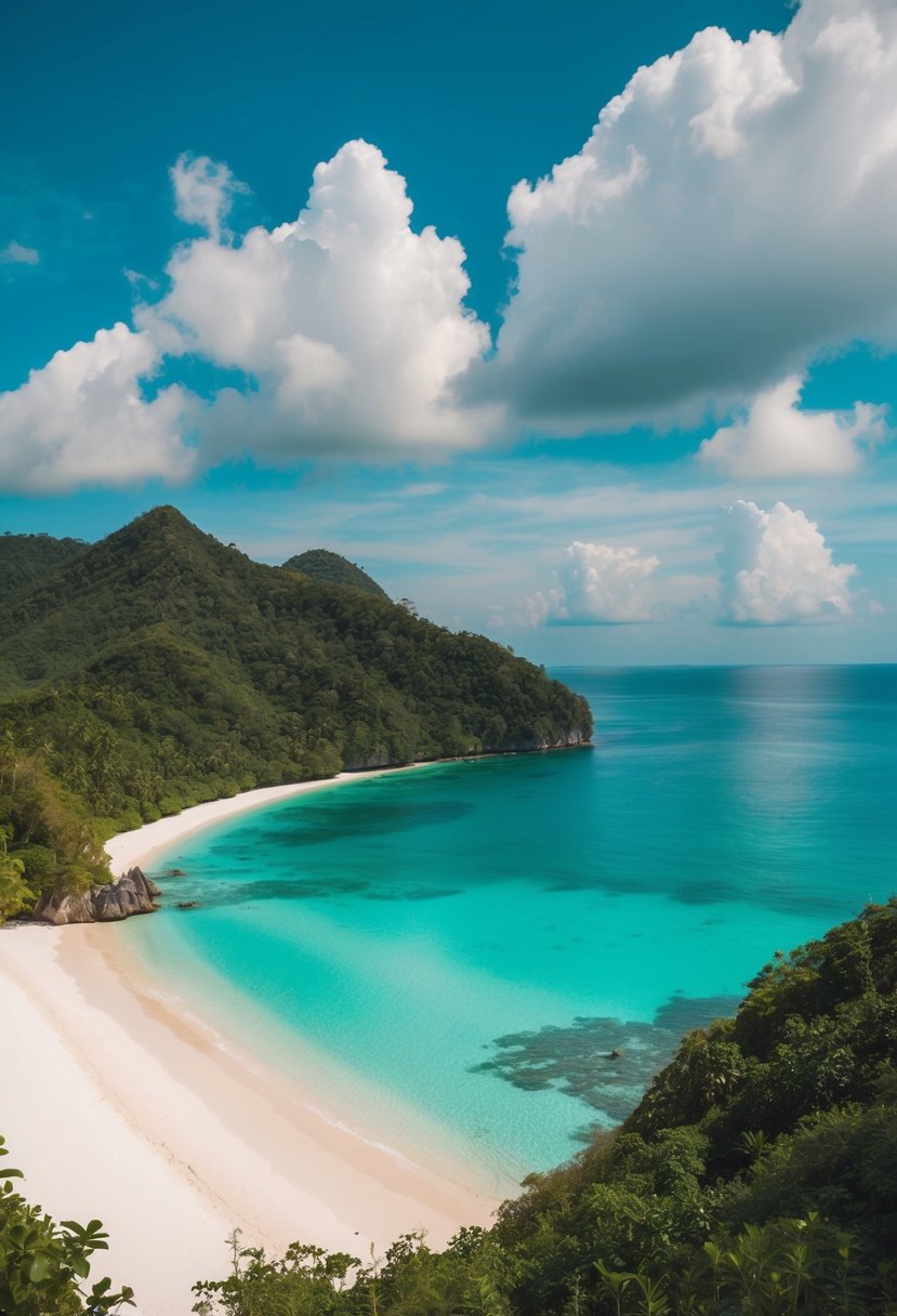 A secluded beach at Langkawi, Malaysia with turquoise waters, white sandy shores, and lush greenery. A serene and romantic honeymoon destination in Asia