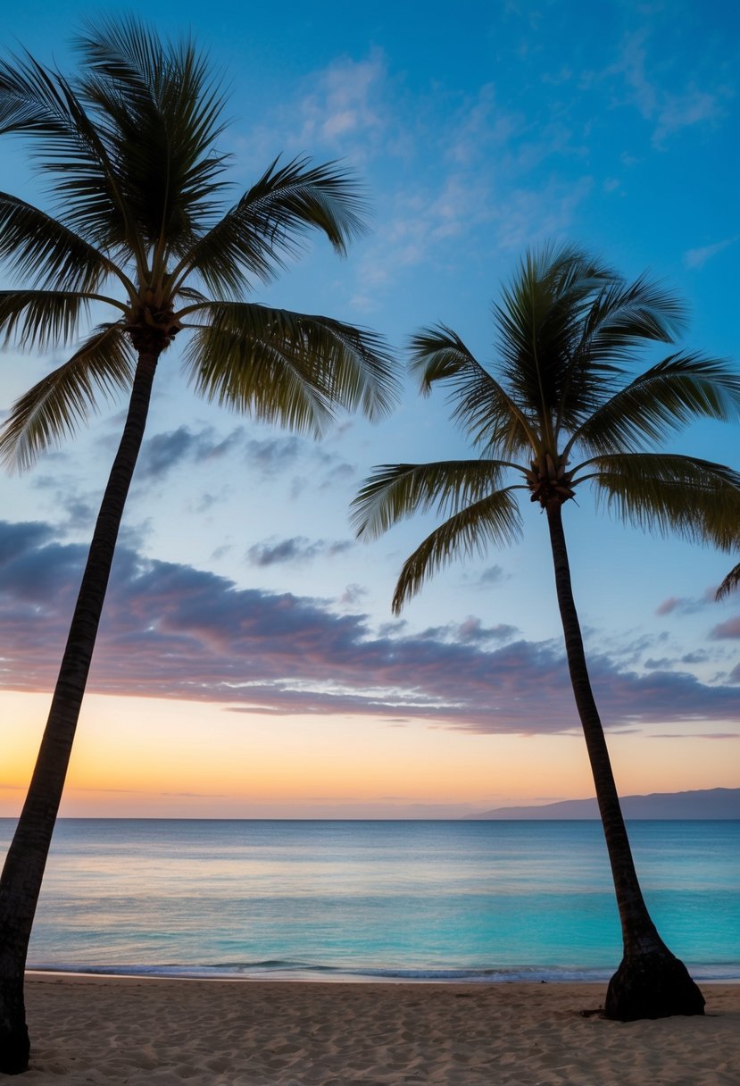 A tranquil beach with palm trees, crystal-clear waters, and a stunning sunset over the horizon in Maui, Hawaii