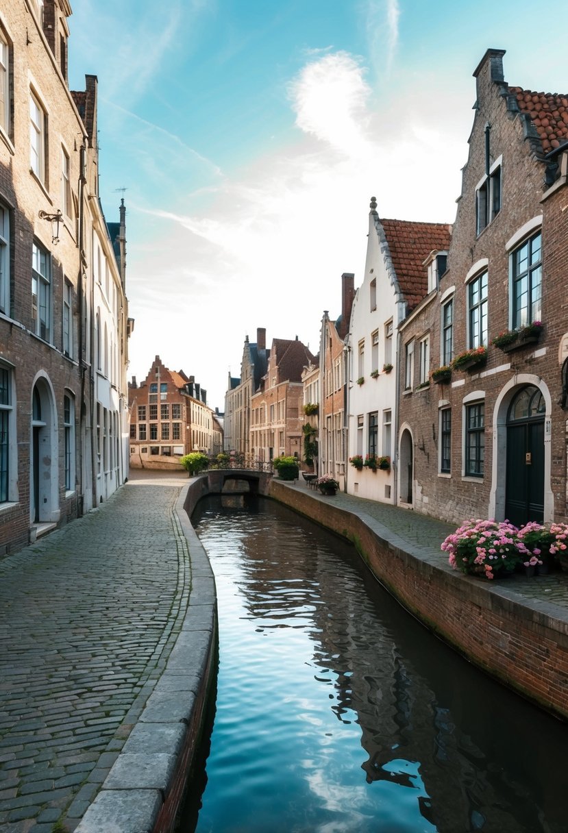 A charming canal with cobblestone streets, medieval buildings, and blooming flowers in Bruges, Belgium