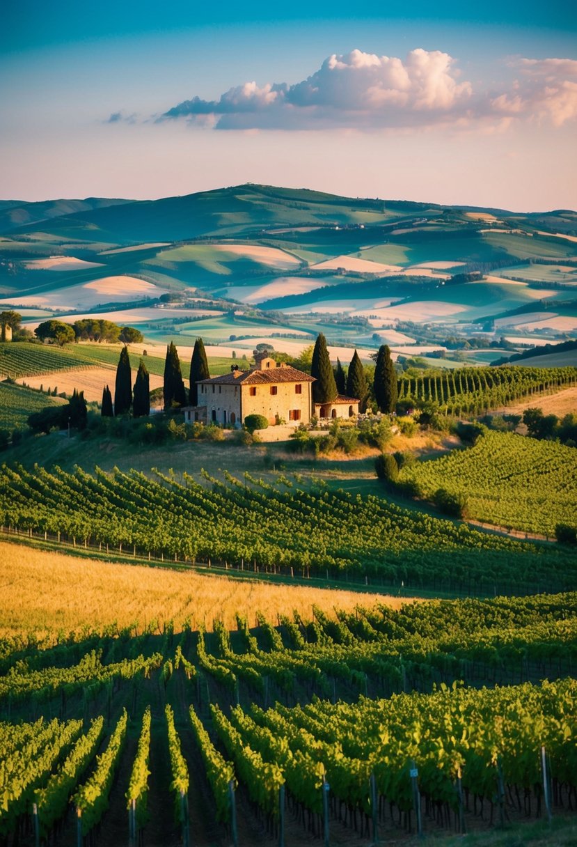 Rolling hills, vineyards, and rustic villas dot the sun-drenched landscape of Tuscany, Italy, creating a picturesque and romantic setting for an all-inclusive honeymoon getaway