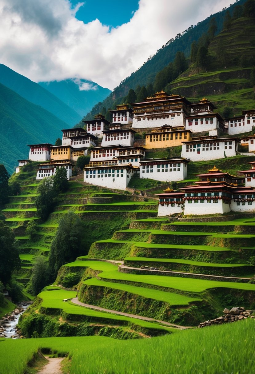 Lush green valley with colorful traditional Bhutanese architecture nestled among the mountains of Paro, creating a serene and romantic honeymoon destination in Asia