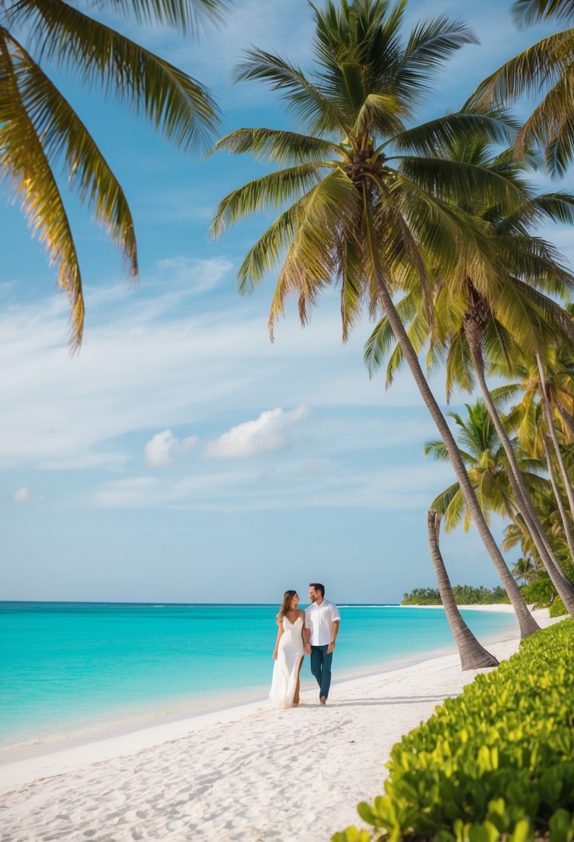 A couple strolling along a pristine white sand beach, with crystal clear turquoise waters and lush green palm trees lining the shore