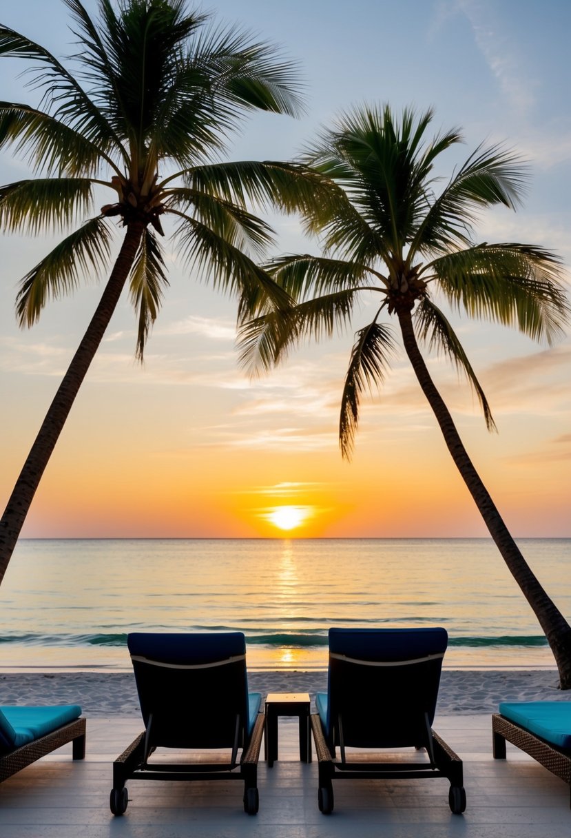 A serene beach at sunset with palm trees, crystal clear water, and a couple of lounge chairs facing the ocean