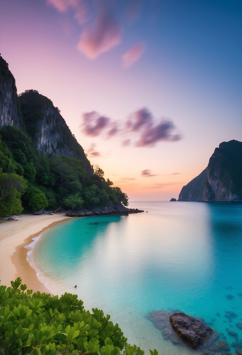 A serene beach with crystal-clear waters and lush greenery, surrounded by towering cliffs and a vibrant sunset in the distance