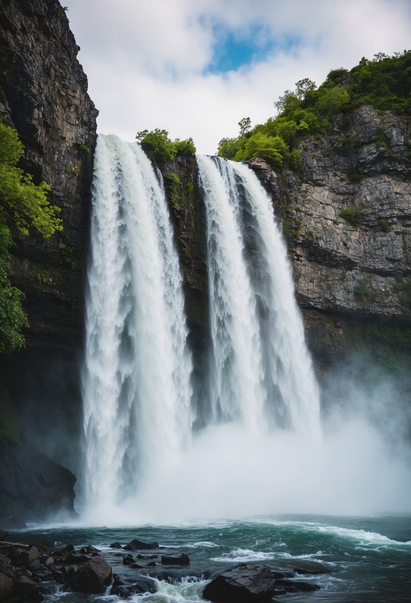 A roaring waterfall cascades over rugged cliffs, surrounded by lush greenery and misty spray