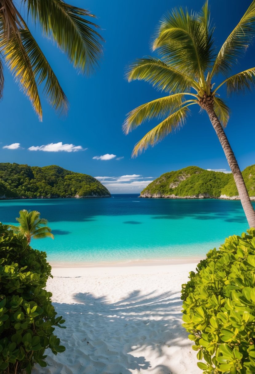 Crystal-clear waters surround lush green islands under a bright blue sky. White sandy beaches and palm trees complete the idyllic scene