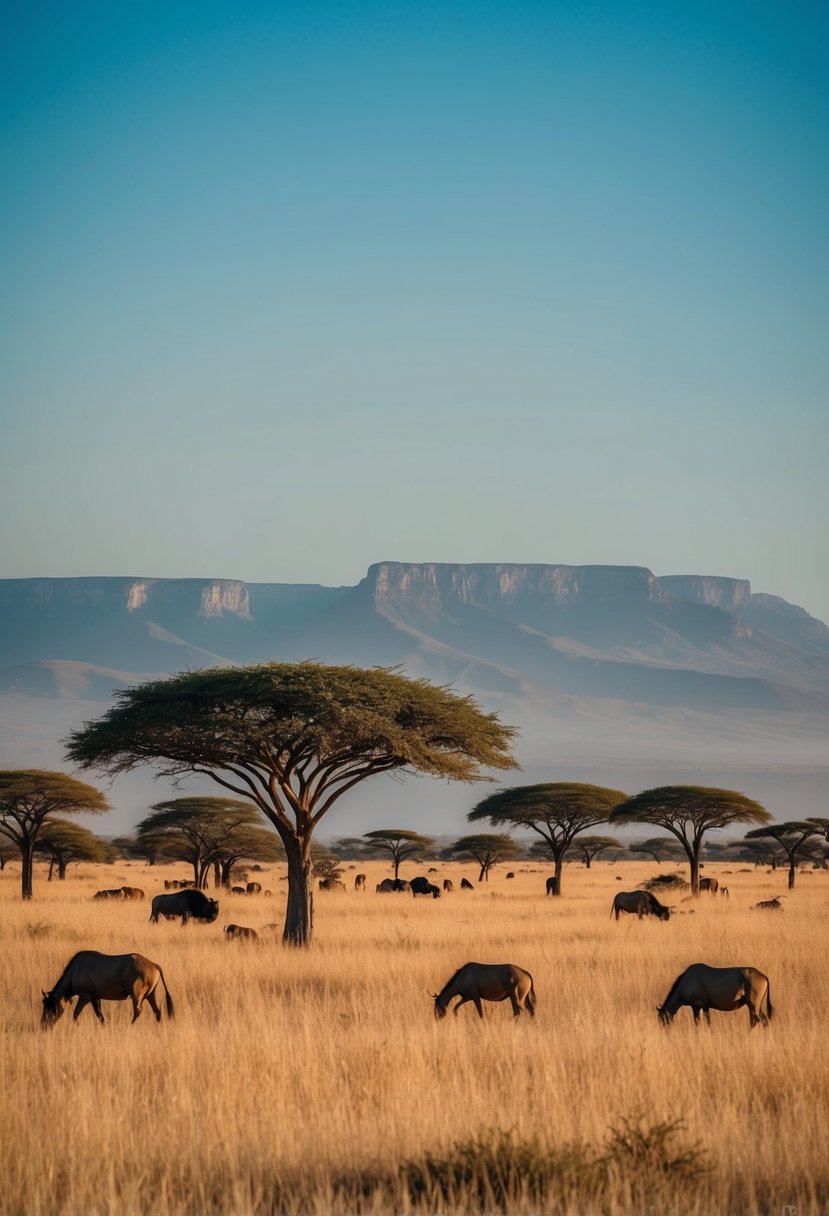 Vast savannah with scattered acacia trees, grazing wildlife, and a distant mountain range under a clear blue sky