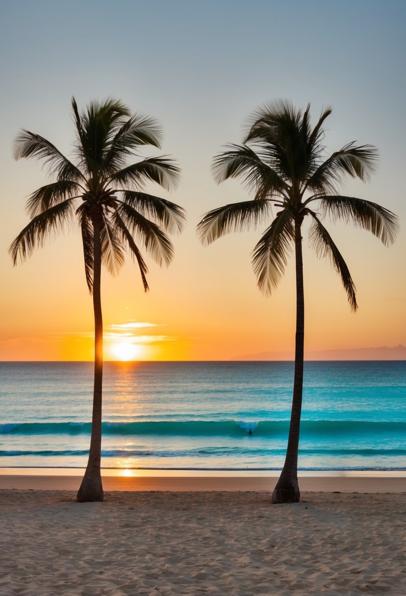 A serene beach at sunset, with a couple of palm trees, turquoise water, and a golden sky, creating a romantic setting for a honeymoon in Byron Bay, Australia