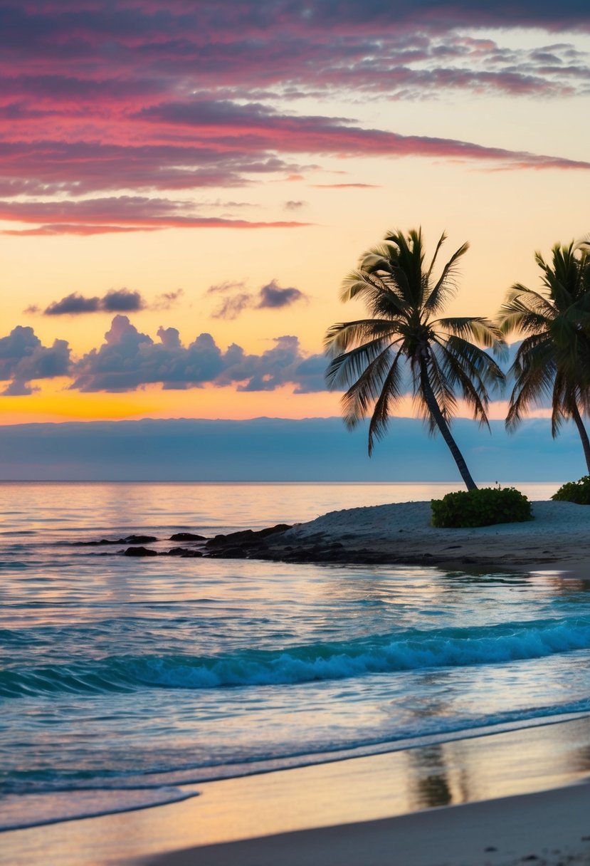 A serene beach at sunset, with palm trees, crystal clear water, and a colorful sky over the horizon