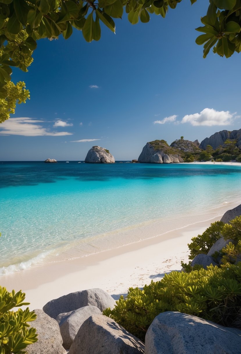 Crystal-clear waters lap against pristine white sand beaches under a cloudless blue sky, framed by lush greenery and granite boulders