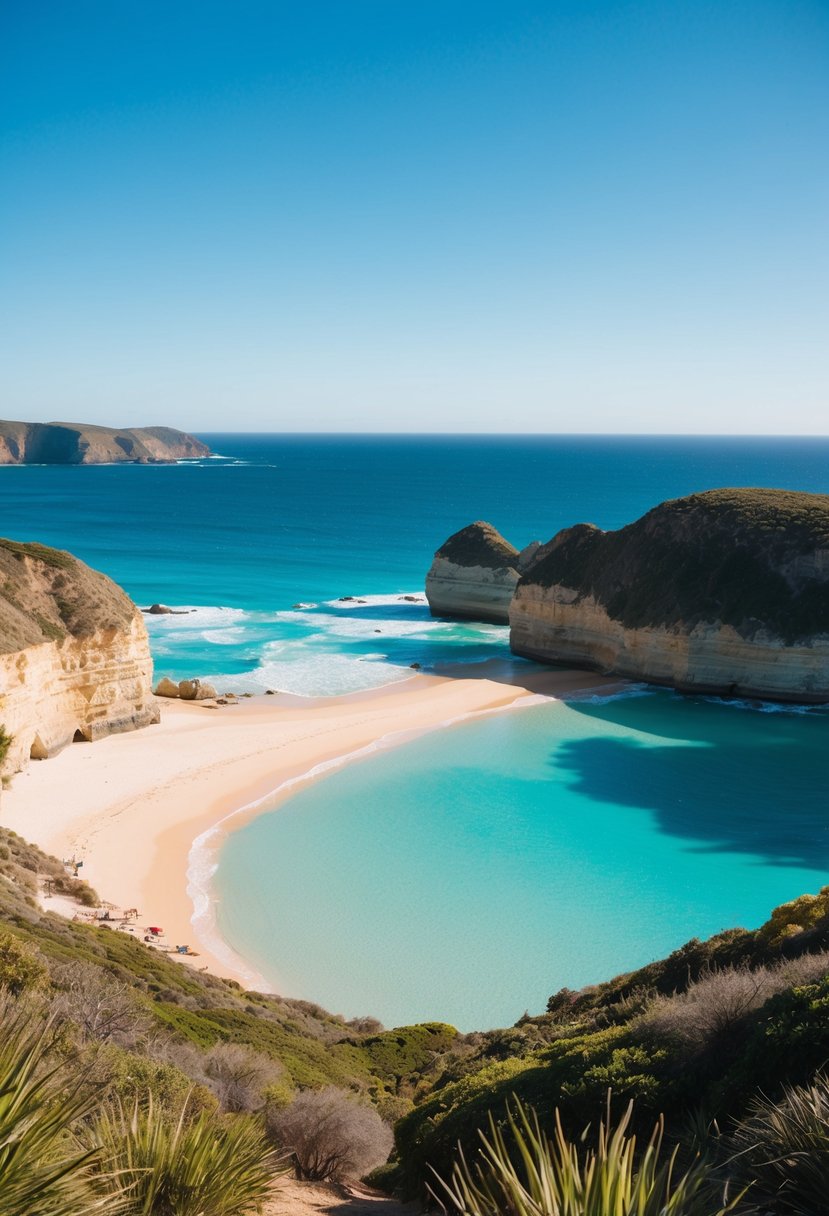 A secluded beach with turquoise waters and rugged cliffs along the Great Ocean Road in Australia