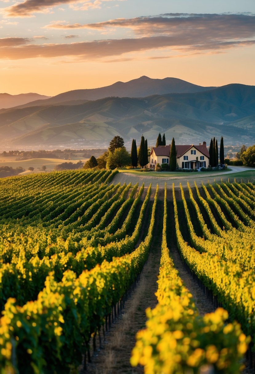 Rolling vineyards under a golden sunset, with mountains in the distance and a quaint winery nestled in the valley