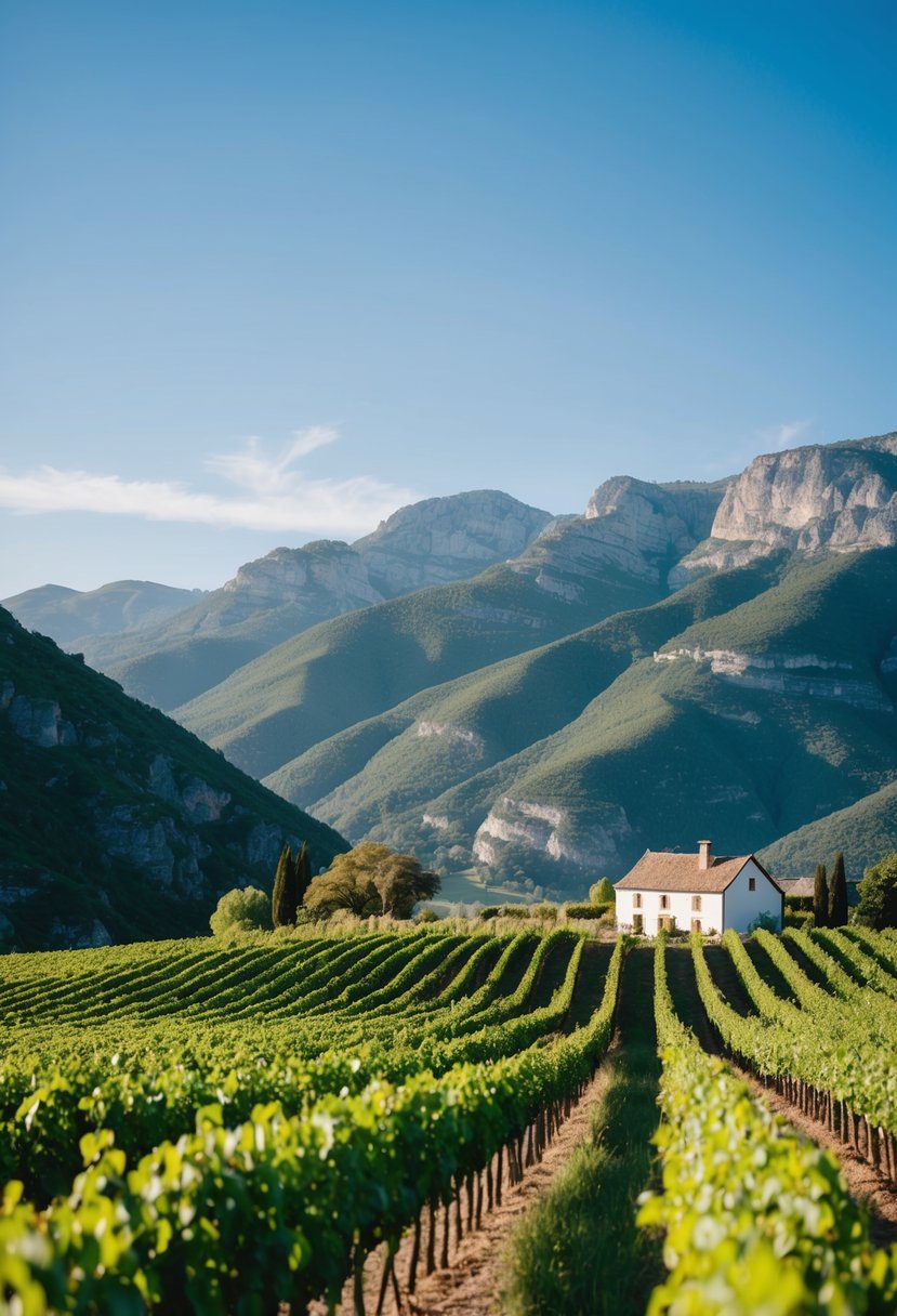 Rolling vineyards meet rugged mountains under a clear blue sky, with a charming cottage nestled among the greenery