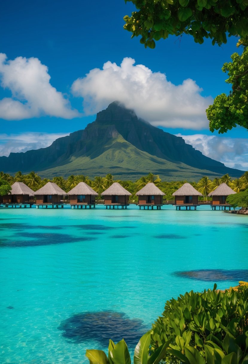 Turquoise lagoon surrounded by lush greenery, overwater bungalows, and majestic Mount Otemanu in the background