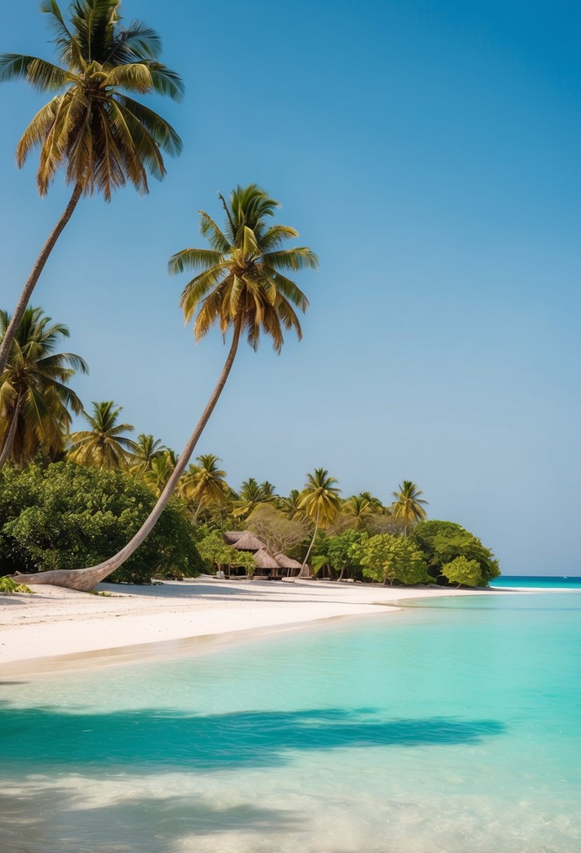 A serene beach on Zanzibar Island with crystal-clear turquoise waters, white sandy beaches, and lush green palm trees