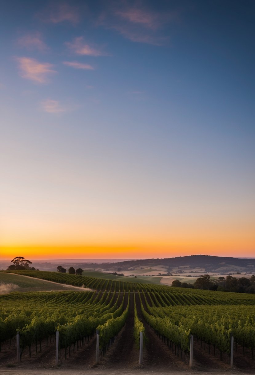 Rolling vineyard hills meet golden sunset over Barossa Valley