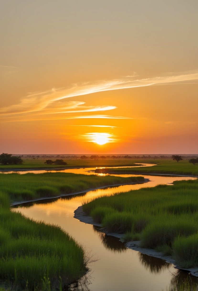 A serene sunset over the Okavango Delta, with lush greenery and winding waterways reflecting the golden sky