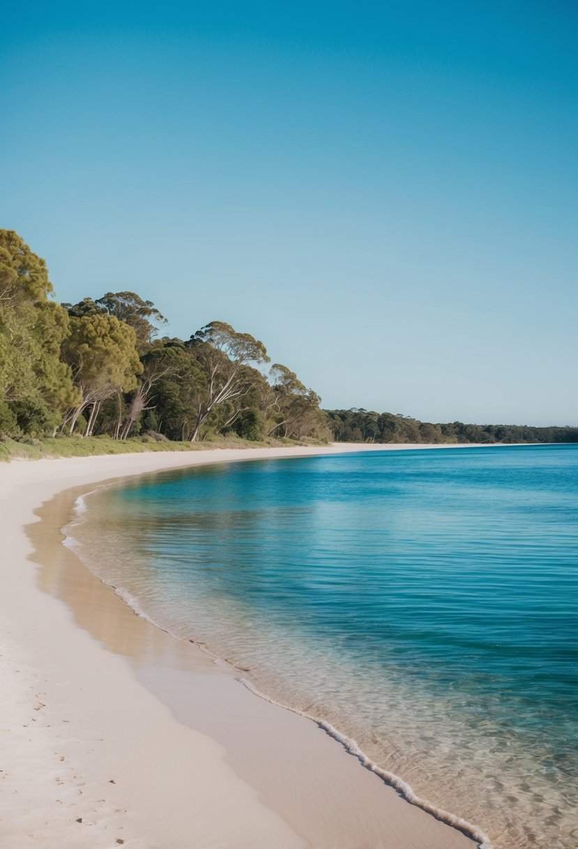 A tranquil beach at Margaret River, Australia, with clear blue waters, white sandy shores, and lush greenery