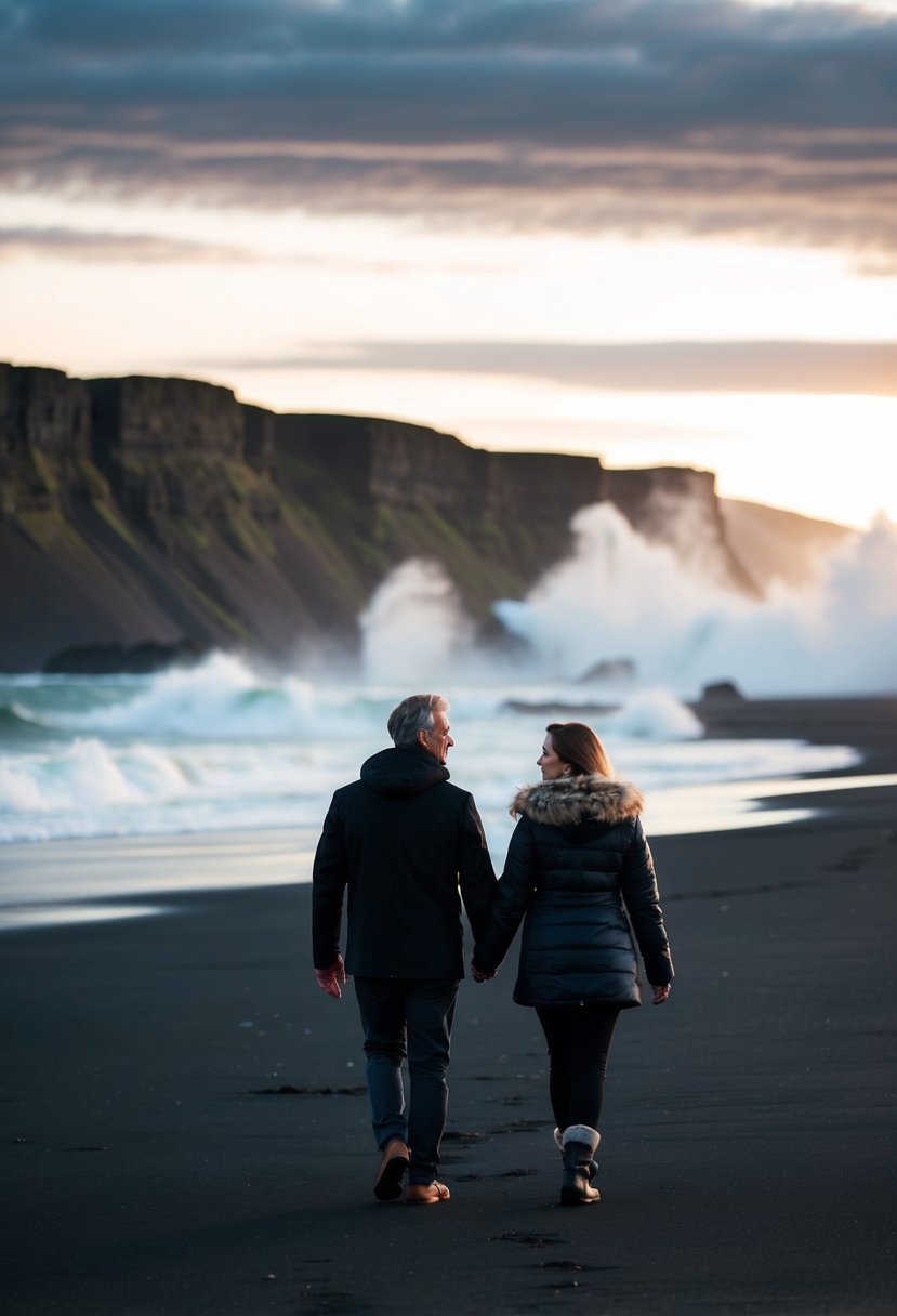 A couple strolling along a black sand beach with dramatic cliffs and crashing waves in the background, under the soft glow of the midnight sun in Reykjavik, Iceland