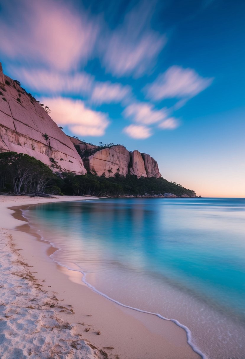 A tranquil beach at Freycinet National Park with pink granite cliffs and crystal-clear waters
