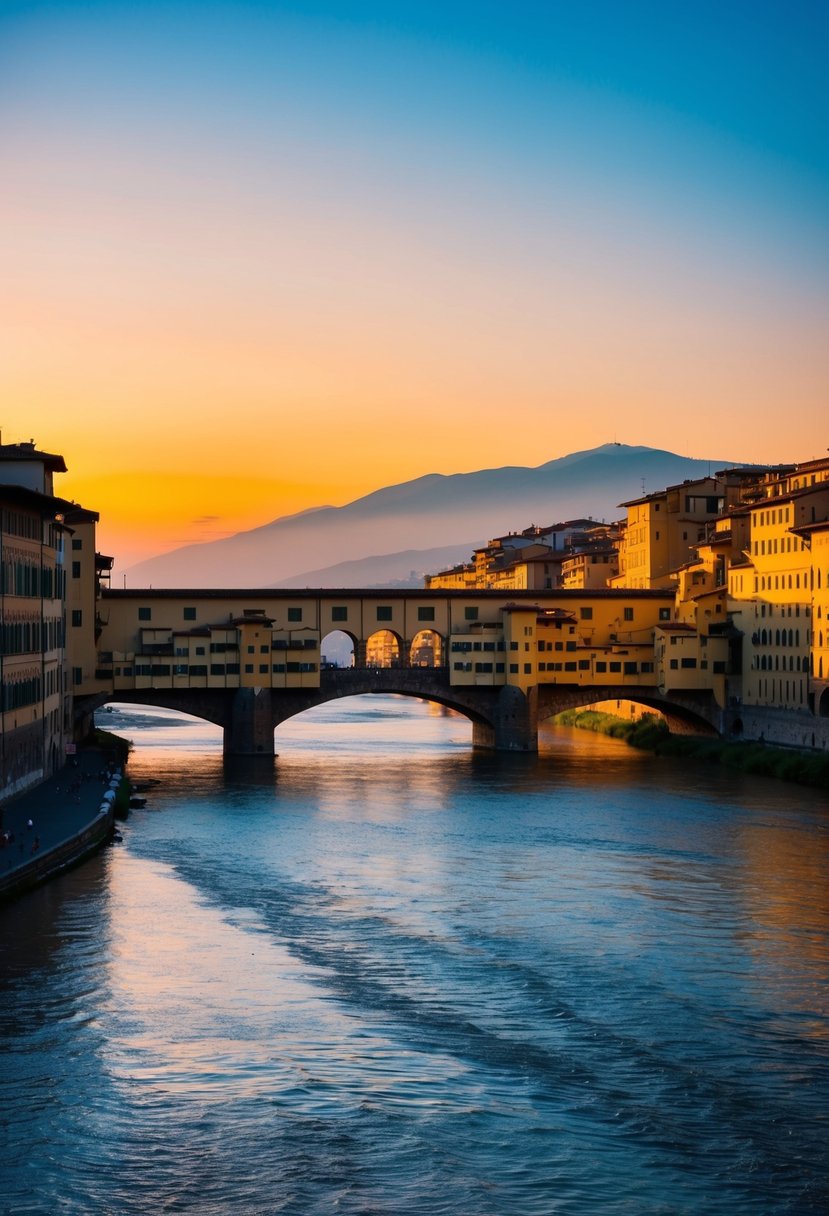 The sun sets over the Ponte Vecchio, casting a warm glow on the Arno River and the historic buildings of Florence, Italy