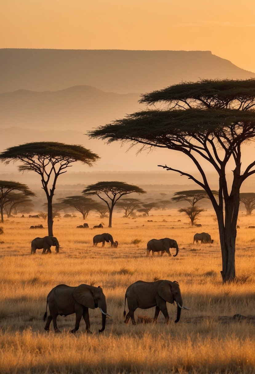 Vast savannah with grazing wildlife, acacia trees, and distant mountains under a golden sunset in Serengeti National Park, Tanzania