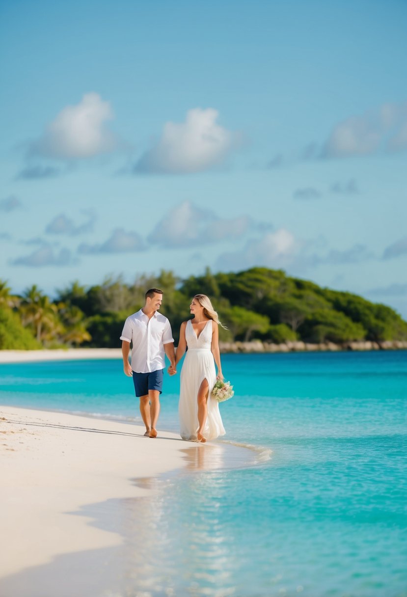 A couple strolling along a pristine beach at Fraser Island, with crystal-clear waters and lush greenery in the background