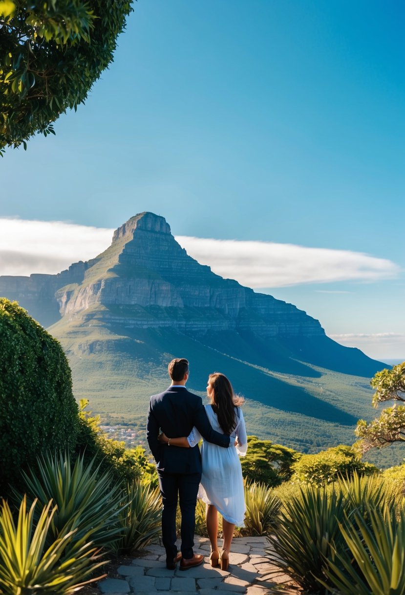 A couple gazes at the iconic Table Mountain, surrounded by lush greenery and a clear blue sky, making it a perfect honeymoon destination in Africa