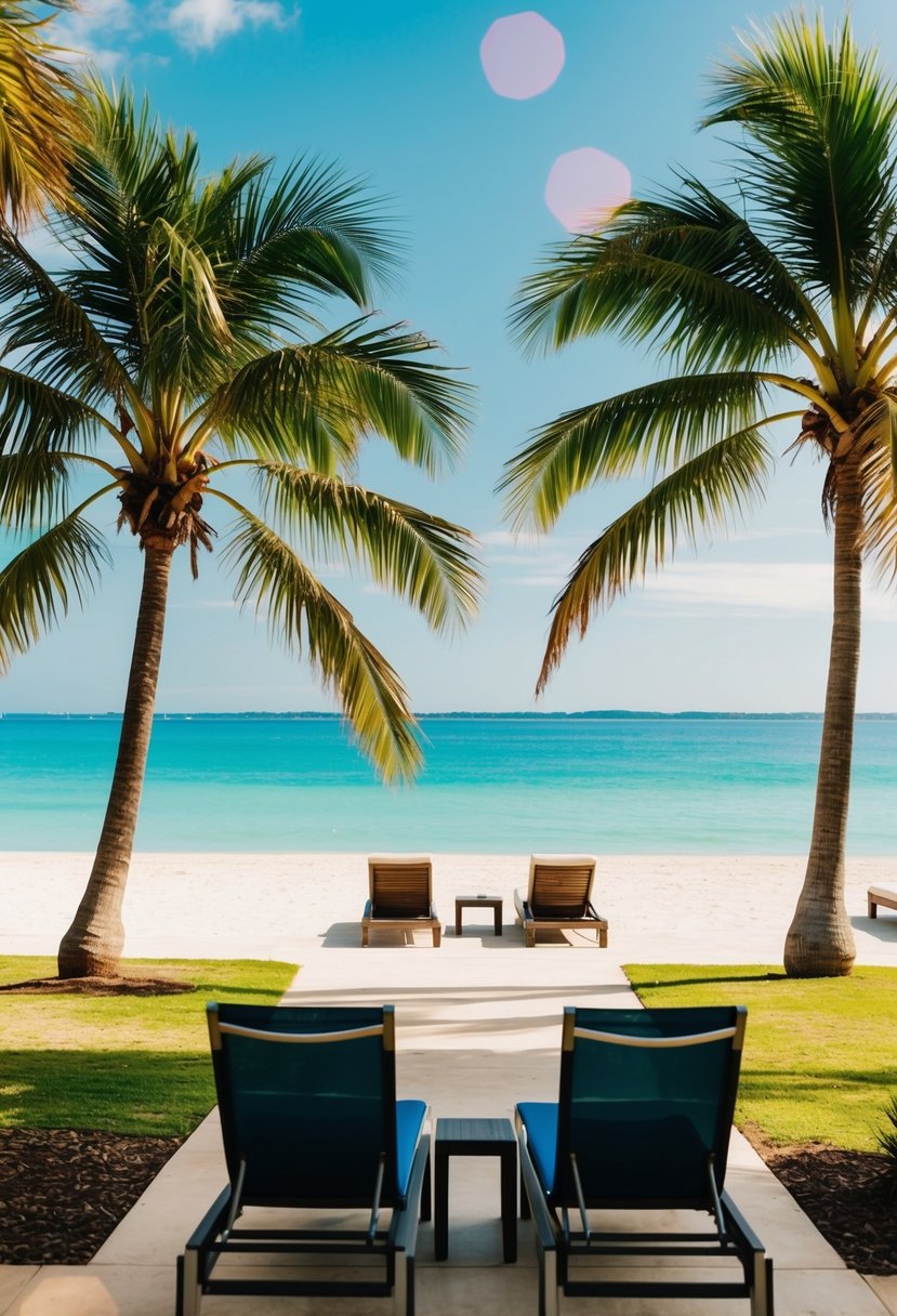 A serene beach at Port Douglas, Australia with palm trees, clear blue water, and a couple of lounge chairs facing the ocean