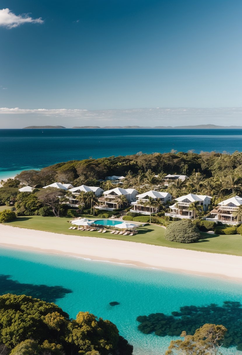 A secluded beach with crystal clear waters and lush greenery, surrounded by luxury resorts on Hamilton Island, Australia