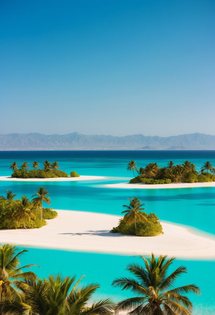 Turquoise waters surround sandy islands with lush palm trees, against a backdrop of clear blue skies and distant mountains