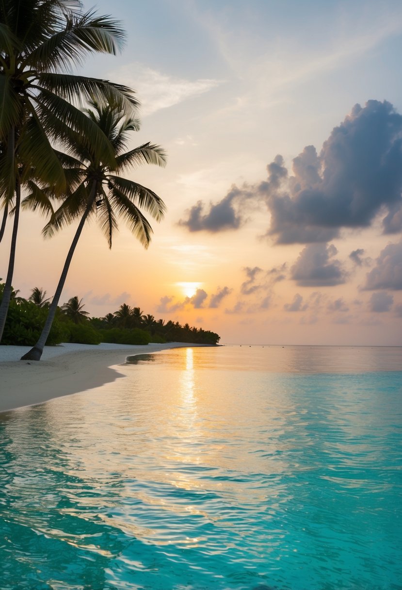 A tranquil beach at sunset in the Maldives, with crystal-clear turquoise water and palm trees lining the shore