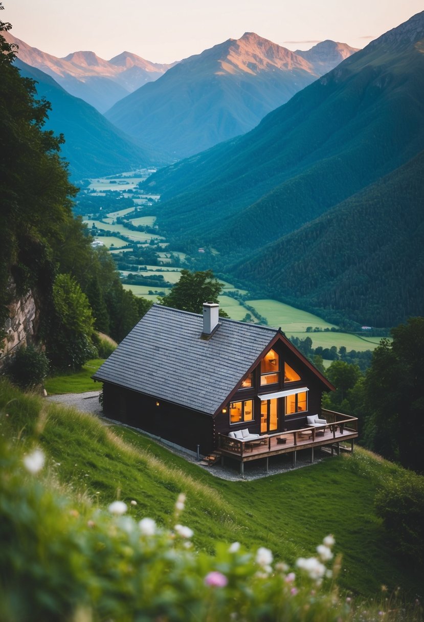 A cozy cabin nestled in the lush, green Blue Mountains, with a breathtaking view of the valley and a serene, romantic atmosphere