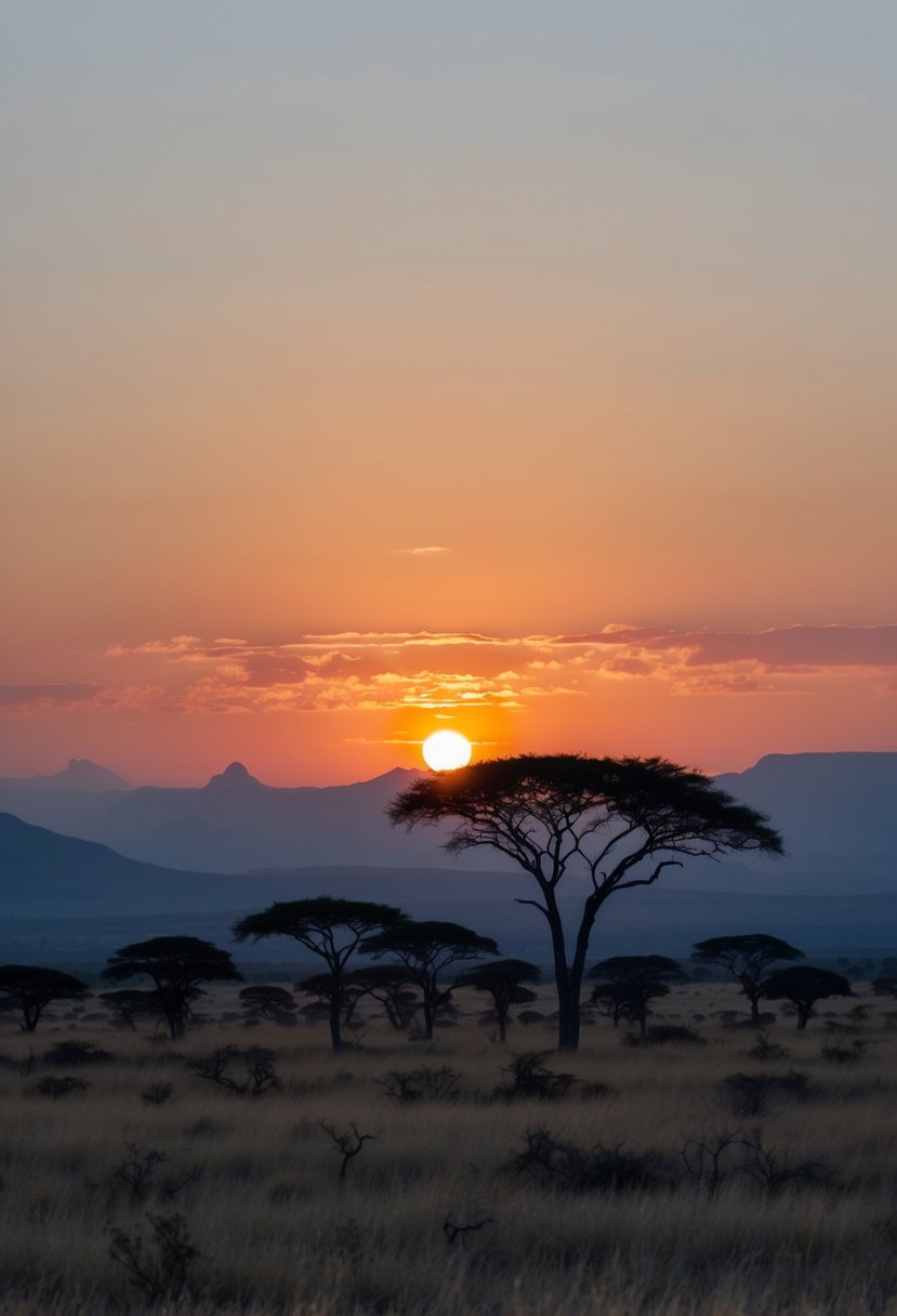 A serene sunset over the vast savannah of Kruger National Park, with silhouetted acacia trees and distant mountains