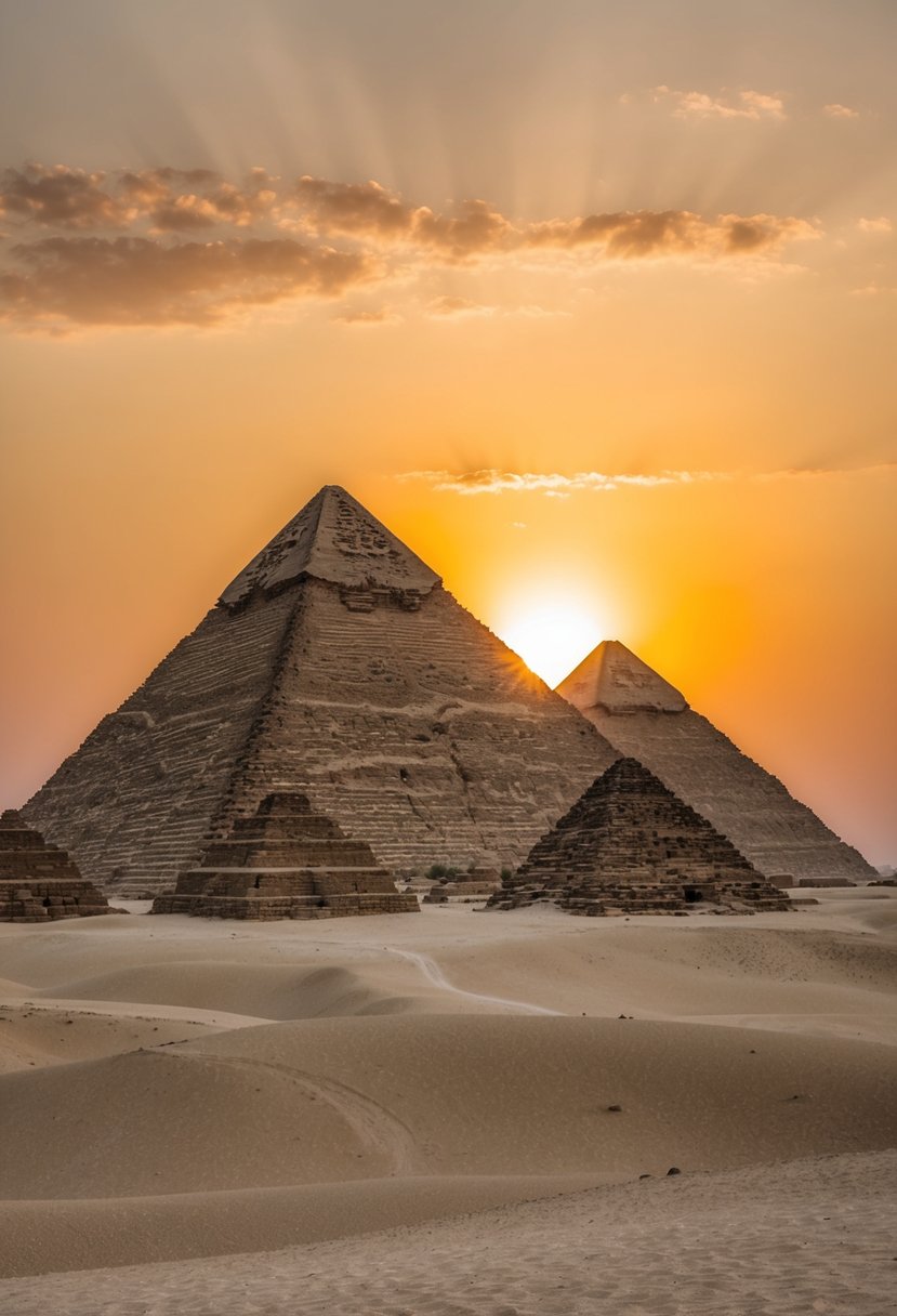 The Pyramids of Giza stand tall against the desert backdrop, with the sun setting behind them, casting a warm glow over the ancient structures