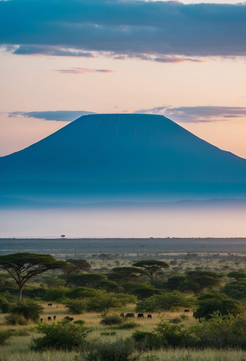 A serene view of Mount Kilimanjaro rising above the Tanzanian savanna, with lush greenery and wildlife in the foreground