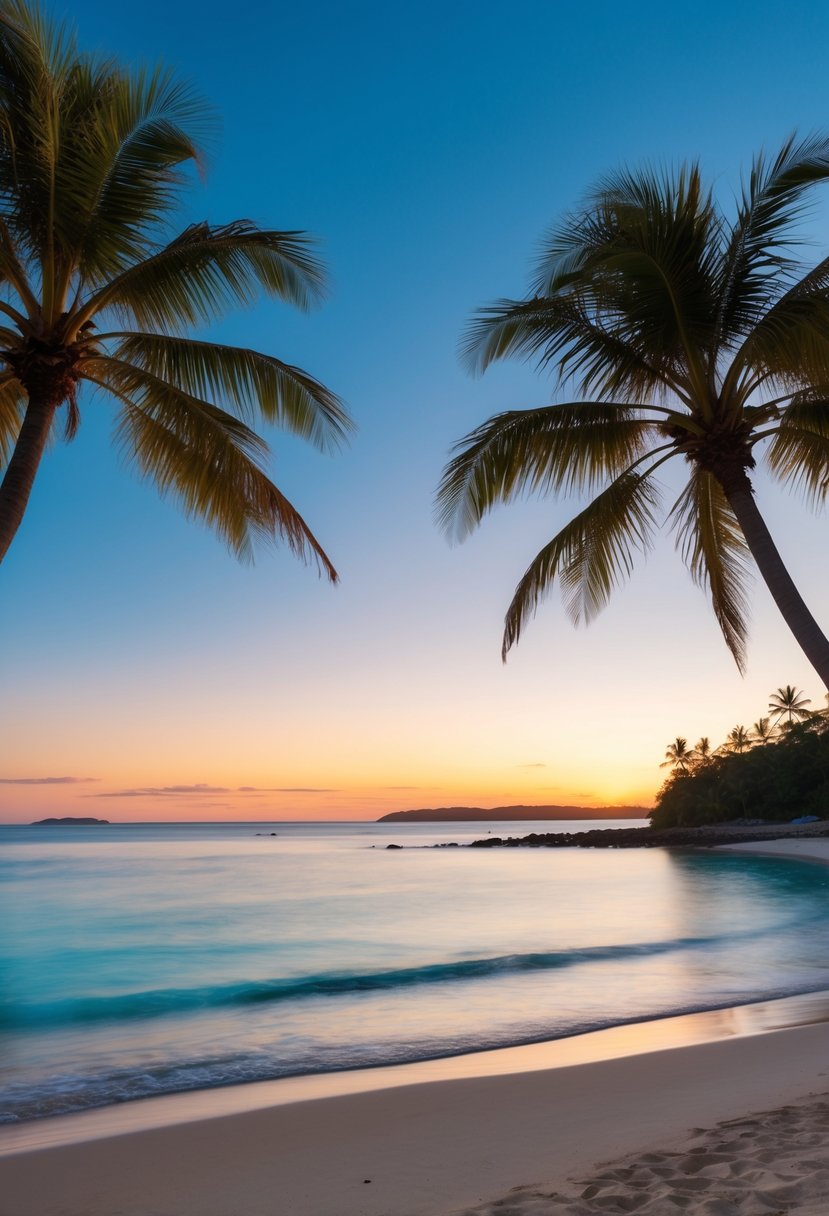 A serene beach at Palm Cove, Australia with palm trees, clear blue waters, and a stunning sunset