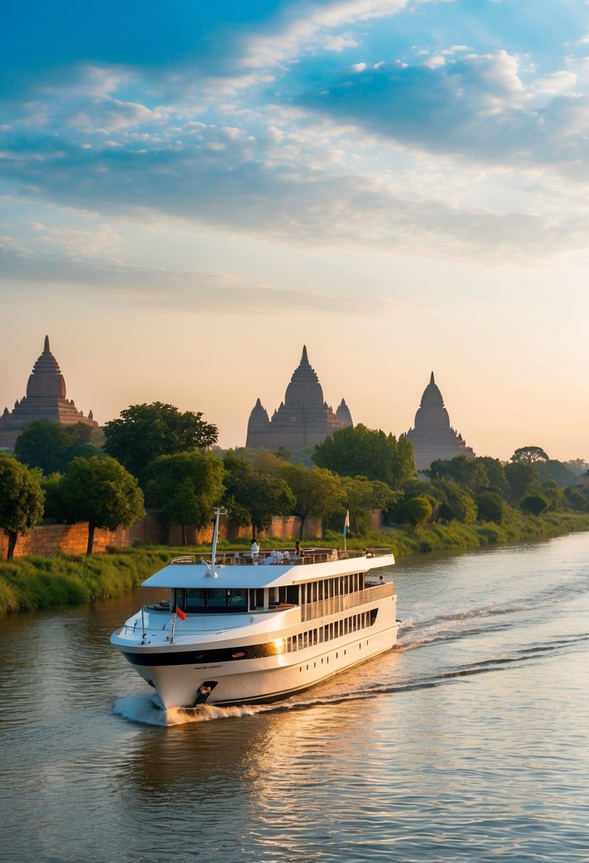 A luxurious cruise boat glides along the tranquil waters of the Nile River, surrounded by ancient temples and lush greenery