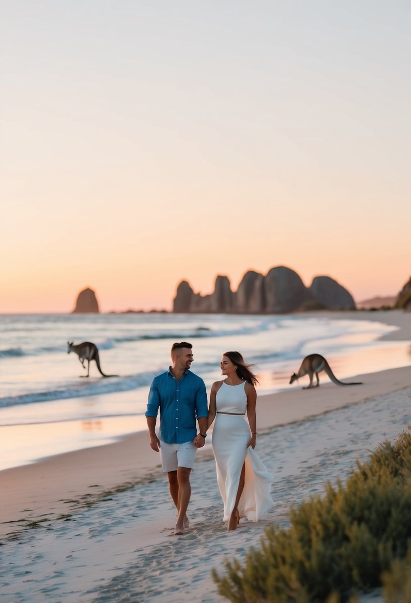 A couple strolling along a pristine beach at sunset, with kangaroos grazing in the distance and the iconic Remarkable Rocks in the background