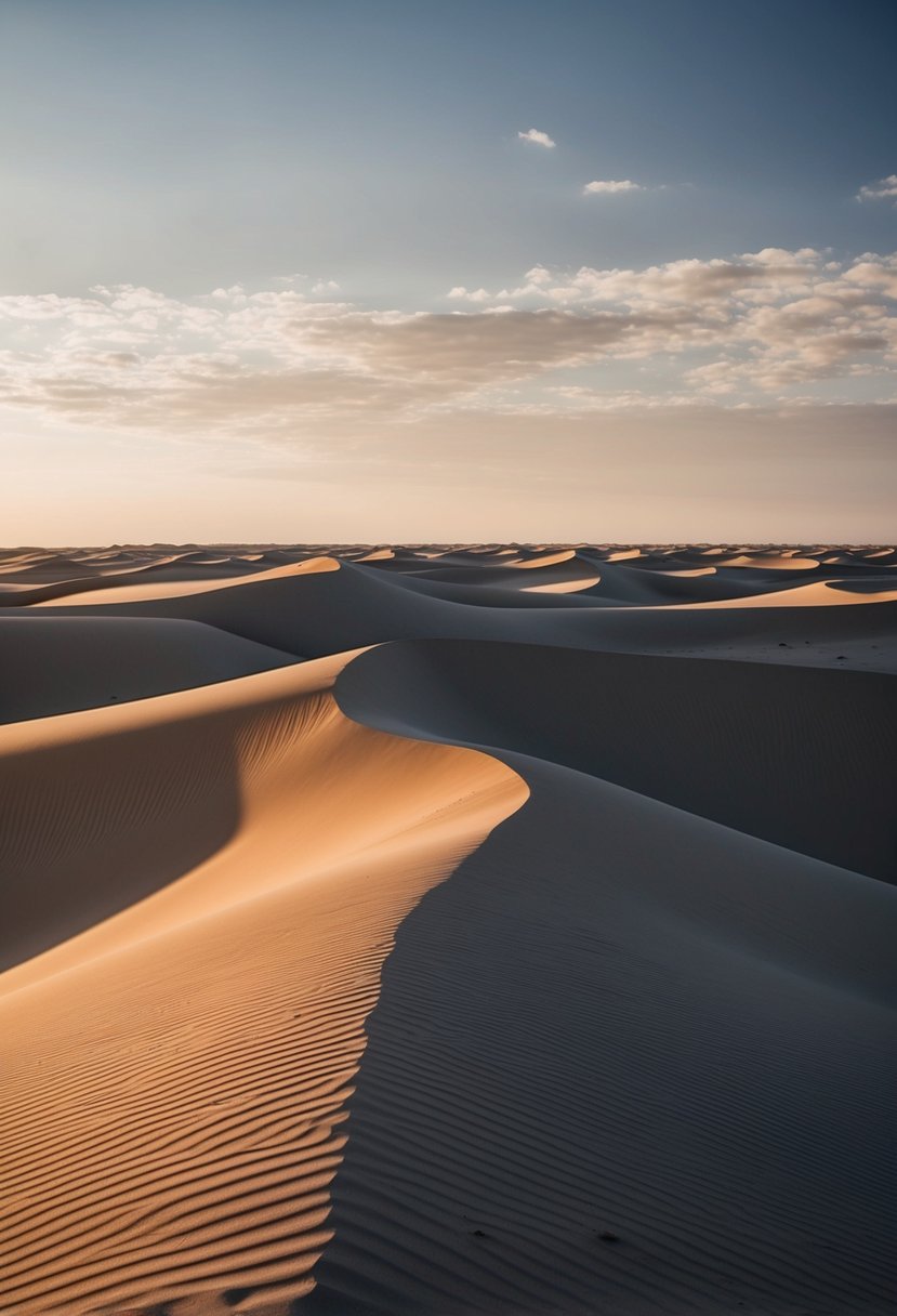 Endless sand dunes stretch across the Namib Desert, with the sun casting long shadows and creating a mesmerizing play of light and shadow