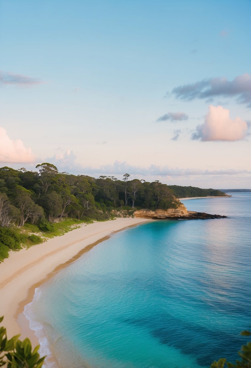 A serene beach at Mornington Peninsula with crystal-clear waters, lush greenery, and a picturesque coastline, perfect for a honeymoon getaway