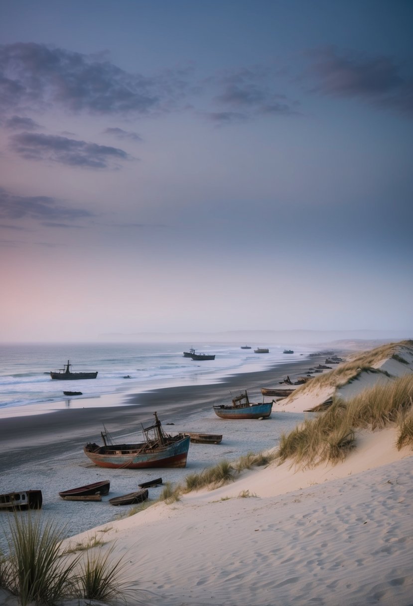 A desolate beach with shipwrecks scattered along the coastline, surrounded by barren dunes and a misty horizon