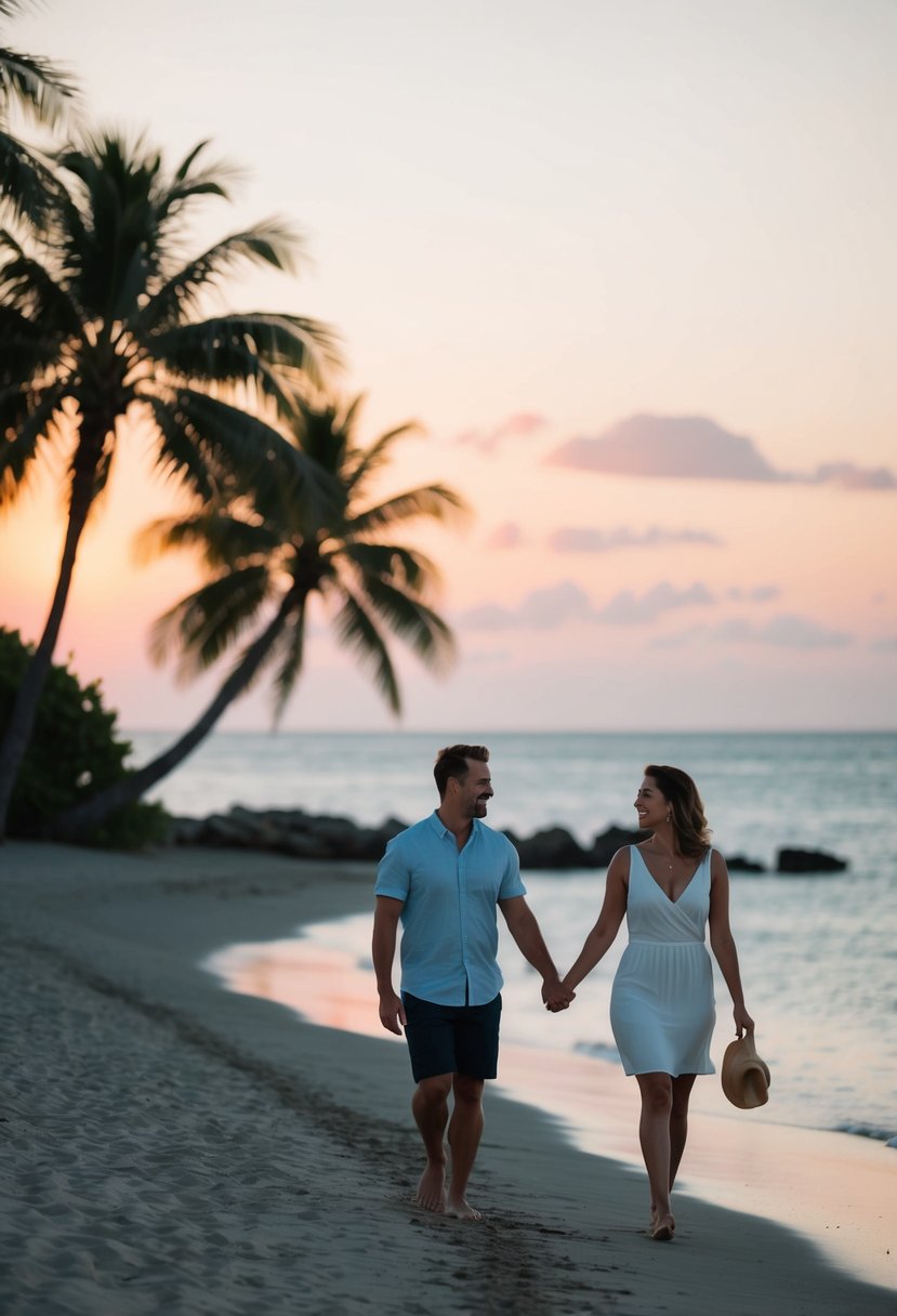 A couple strolling along a secluded beach at sunset, with palm trees and a calm ocean in the background