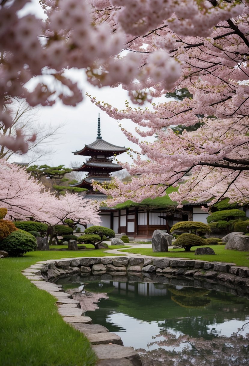 Cherry blossoms in full bloom surround a traditional Japanese garden with a serene pond and a pagoda in the background